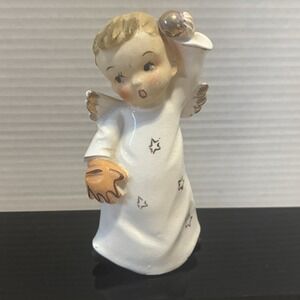 Vtg Ceramic Angel Cherub 5.5" Figurine Play Ball! White Gold Accents and Stars